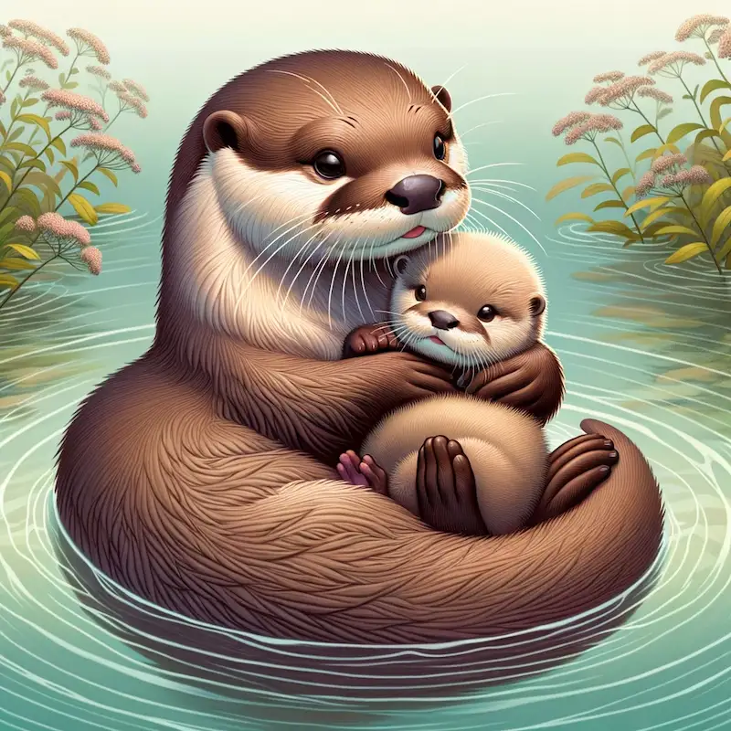 dibujo nutria madre de río con su cría